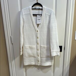 White Textured Cardigan with Gold Buttons